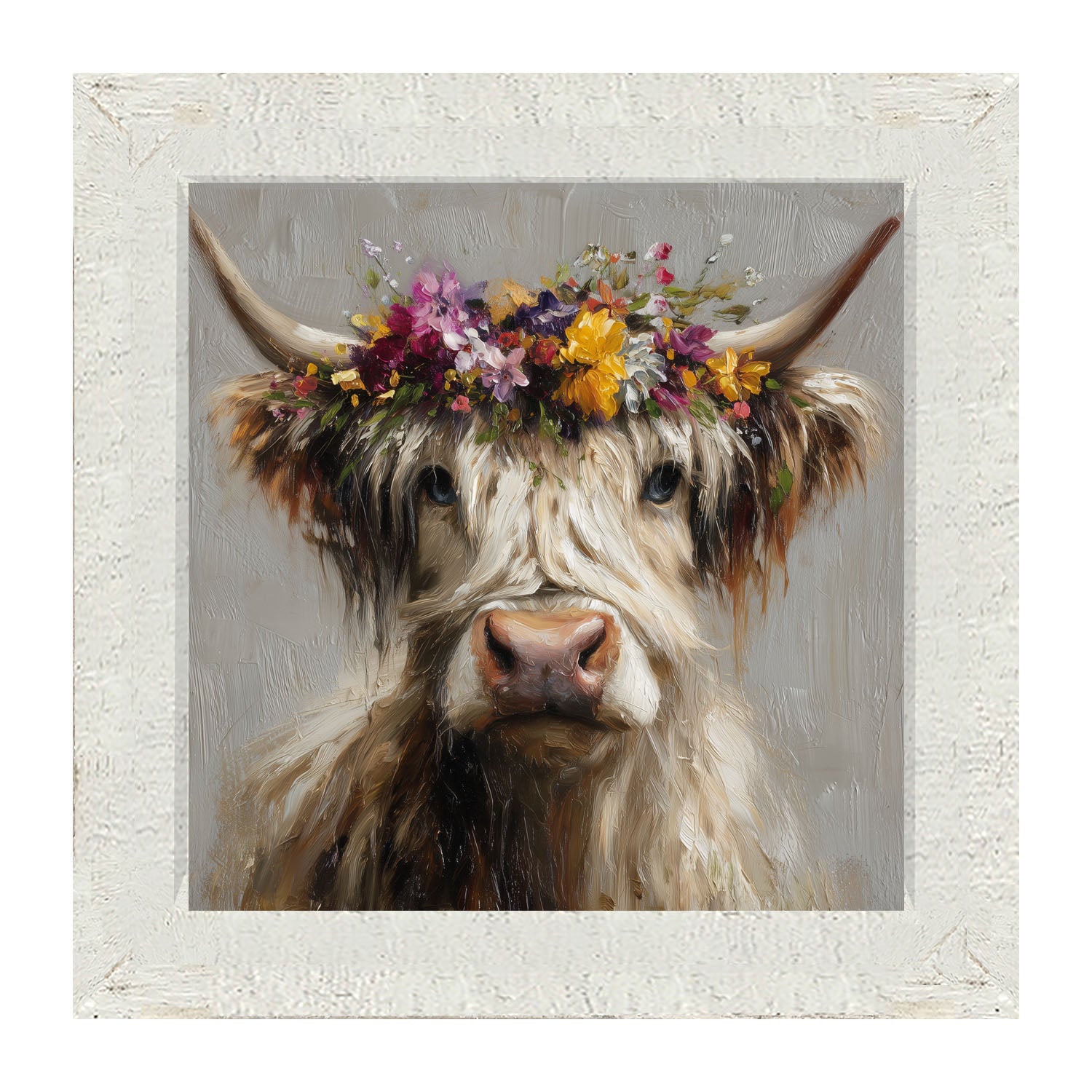 Spring Season Highland Cow with Floral Crown - Framed Art