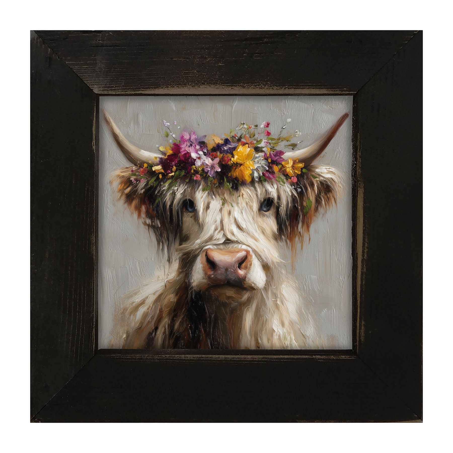 Spring Season Highland Cow with Floral Crown - Framed Art
