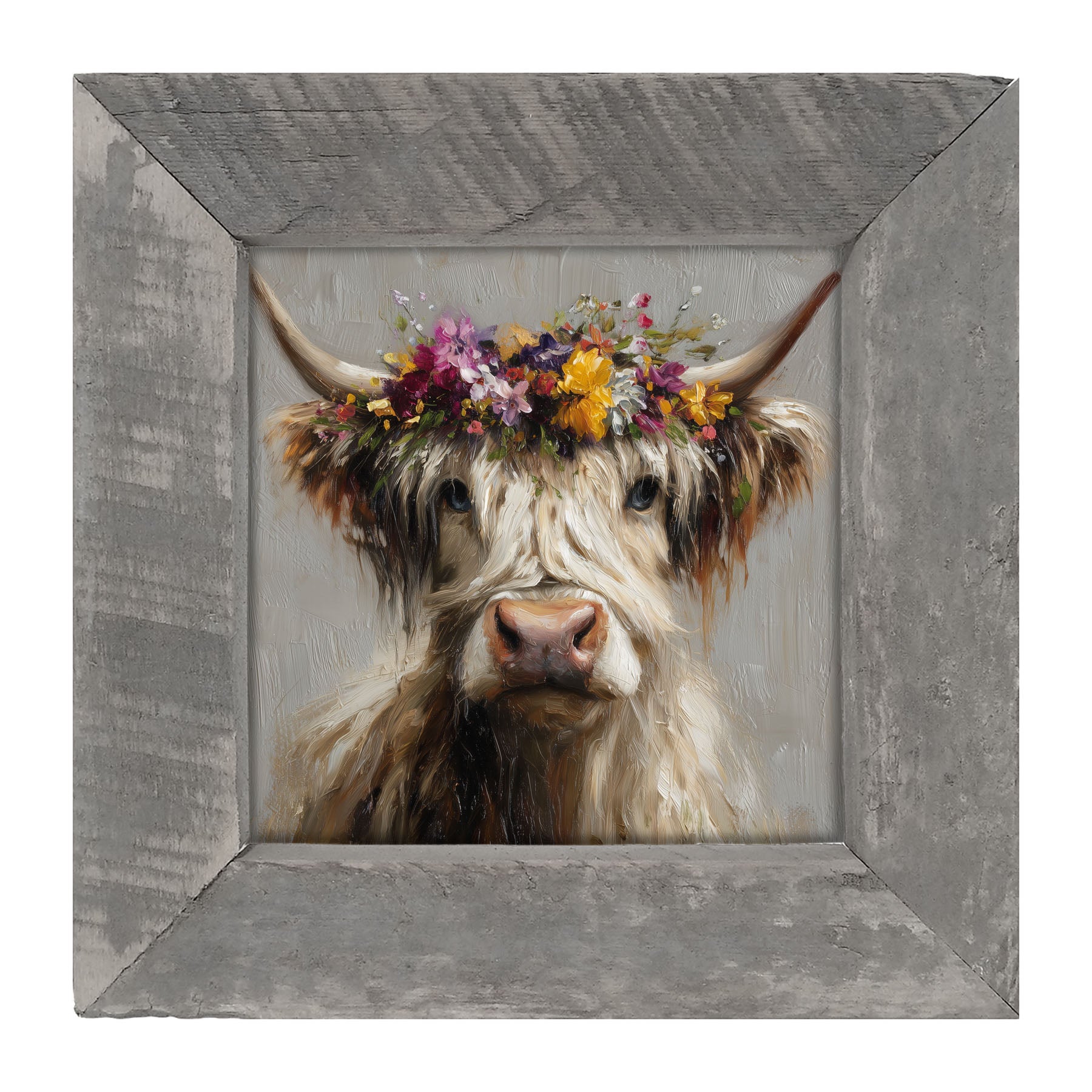 Spring Season Highland Cow with Floral Crown - Framed Art