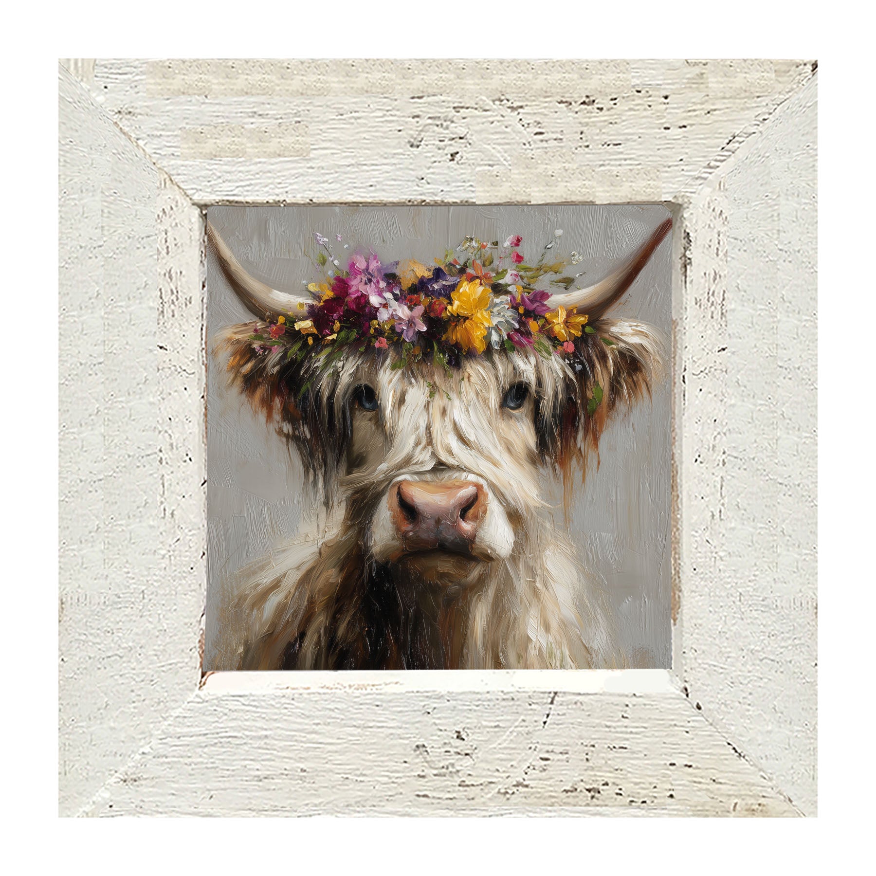 Spring Season Highland Cow with Floral Crown - Framed Art