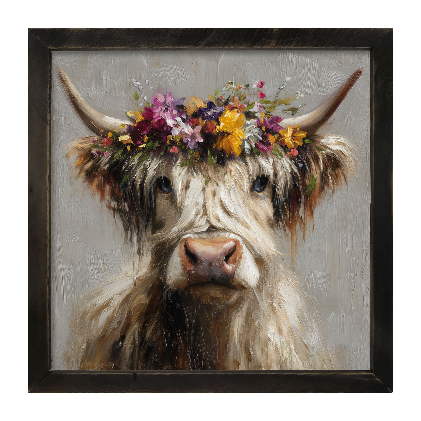 Spring Season Highland Cow with Floral Crown - Framed Art