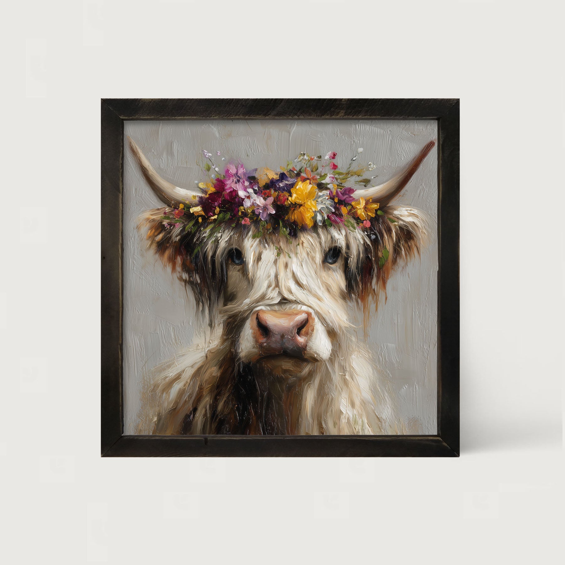 Spring Season Highland Cow with Floral Crown - Framed Art
