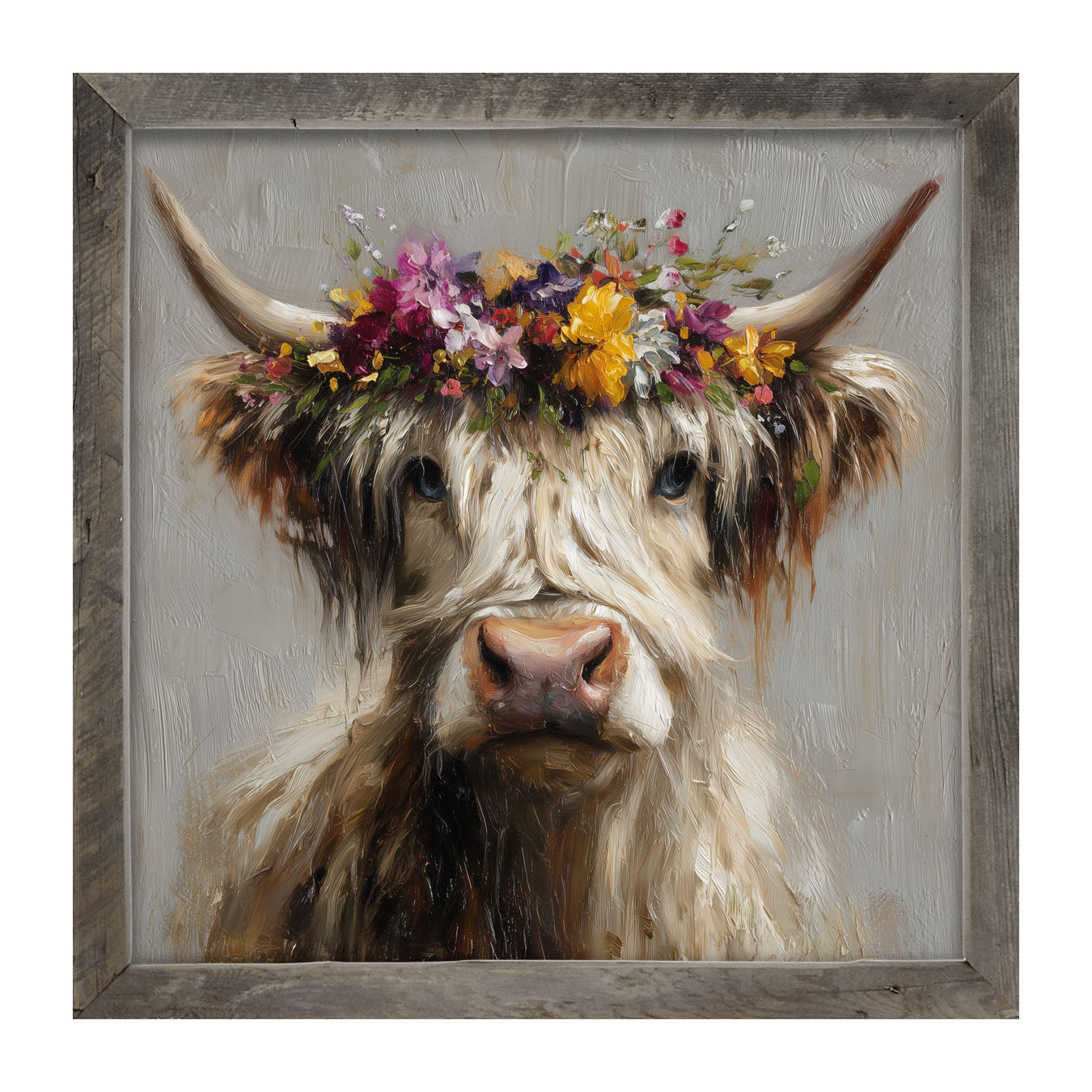 Spring Season Highland Cow with Floral Crown - Framed Art