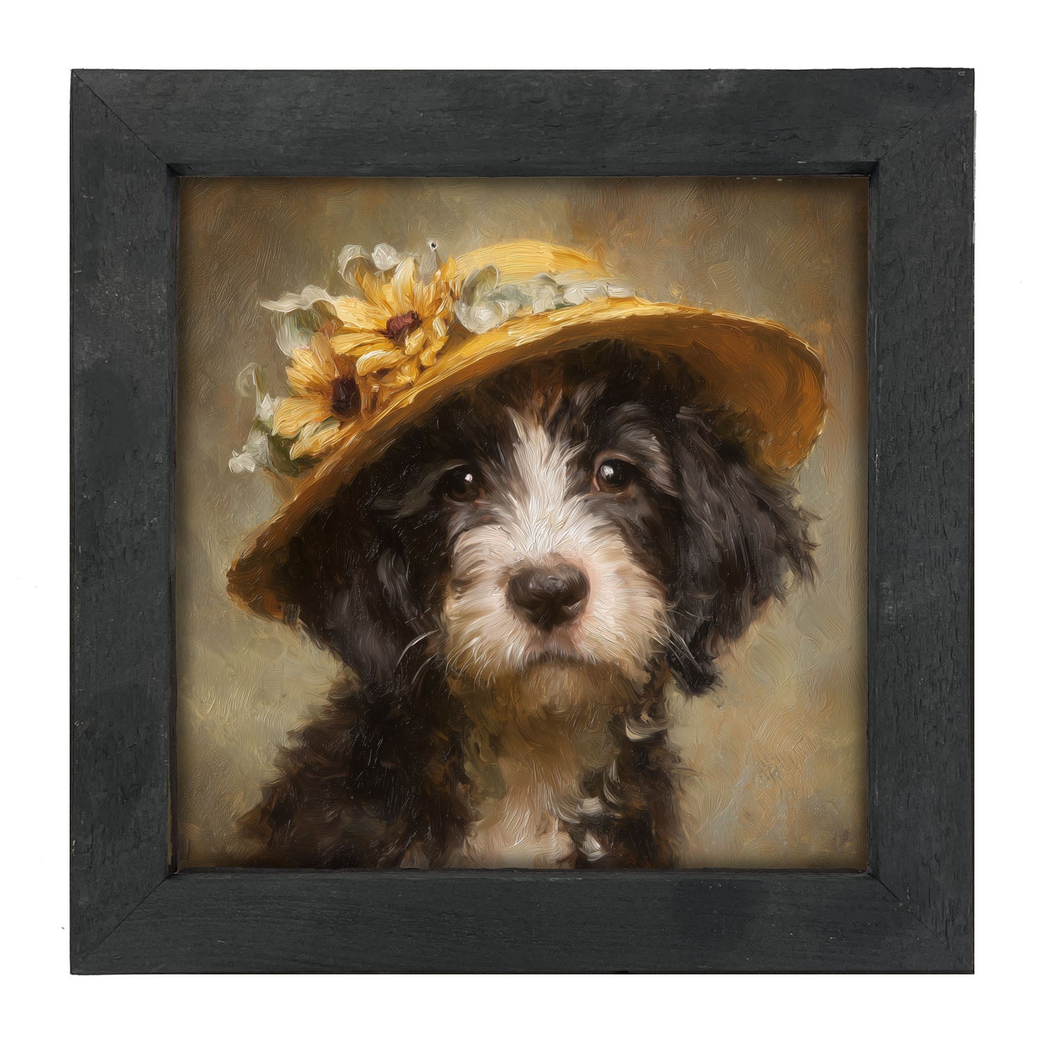 Dog in Yellow Floral Hat - Framed Art