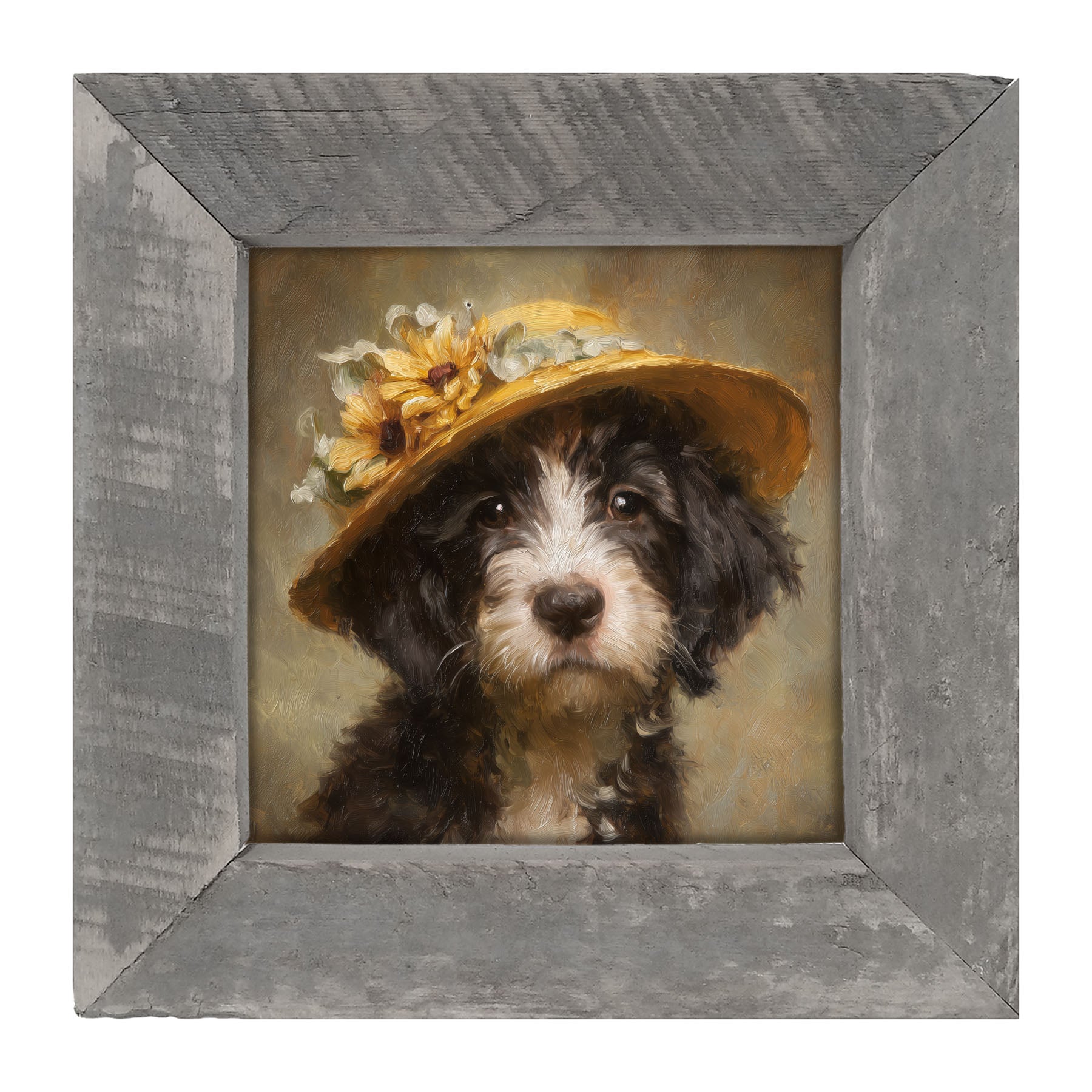 Dog in Yellow Floral Hat - Framed Art