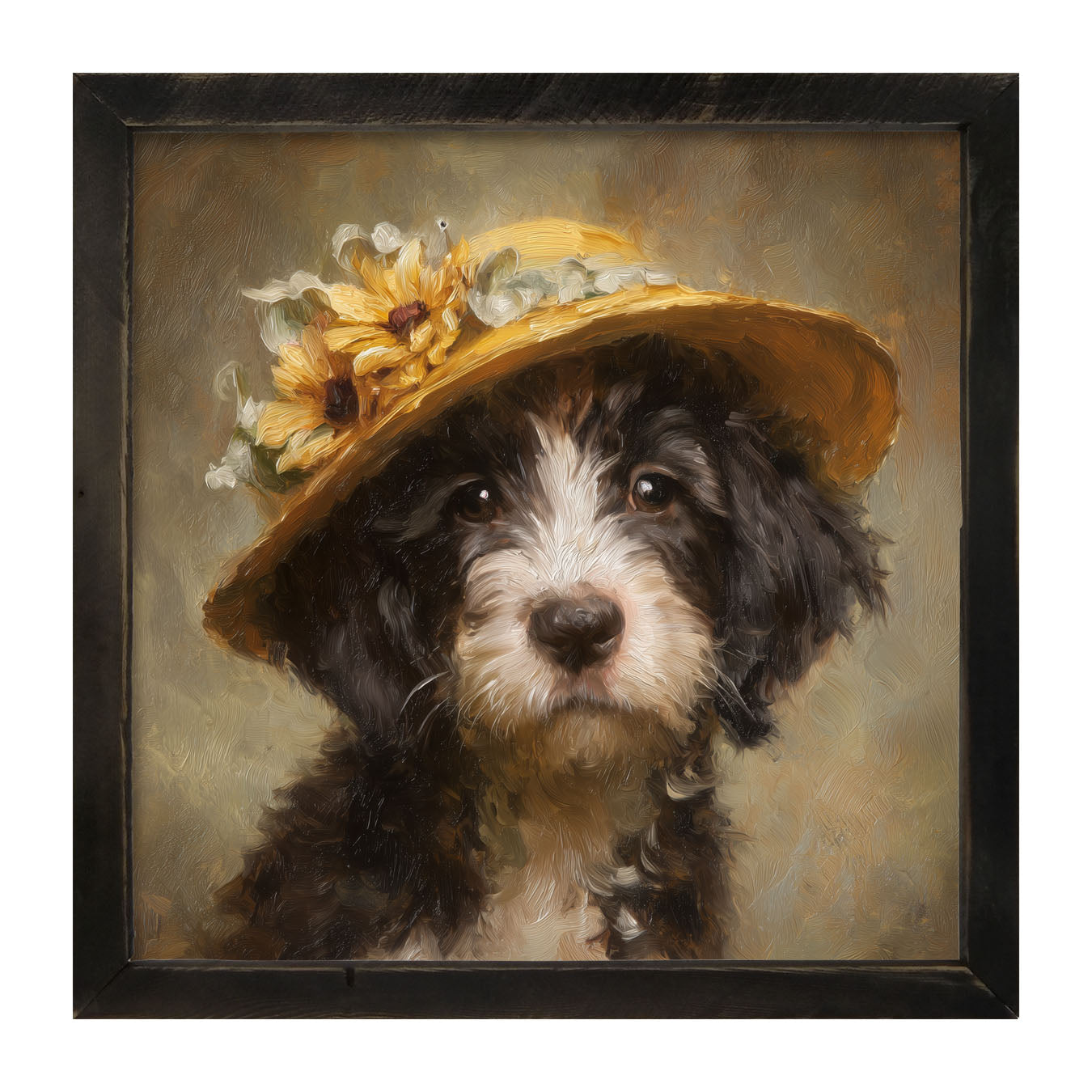 Dog in Yellow Floral Hat - Framed Art