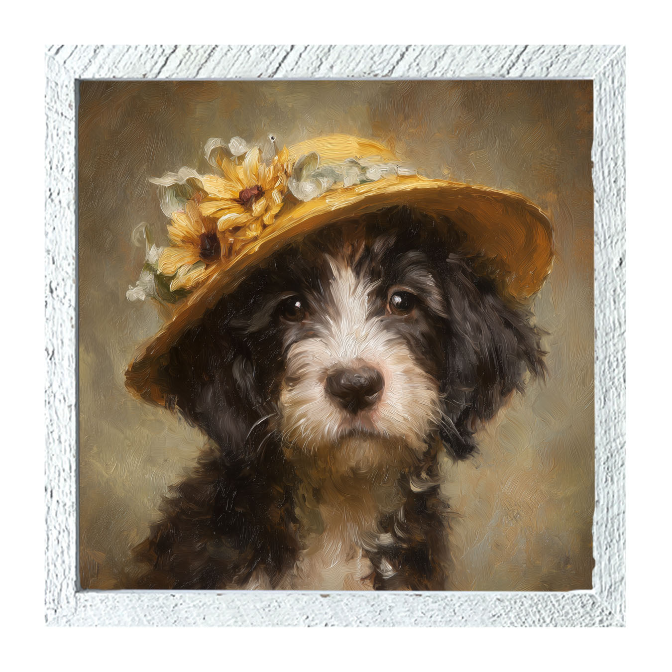 Dog in Yellow Floral Hat - Framed Art