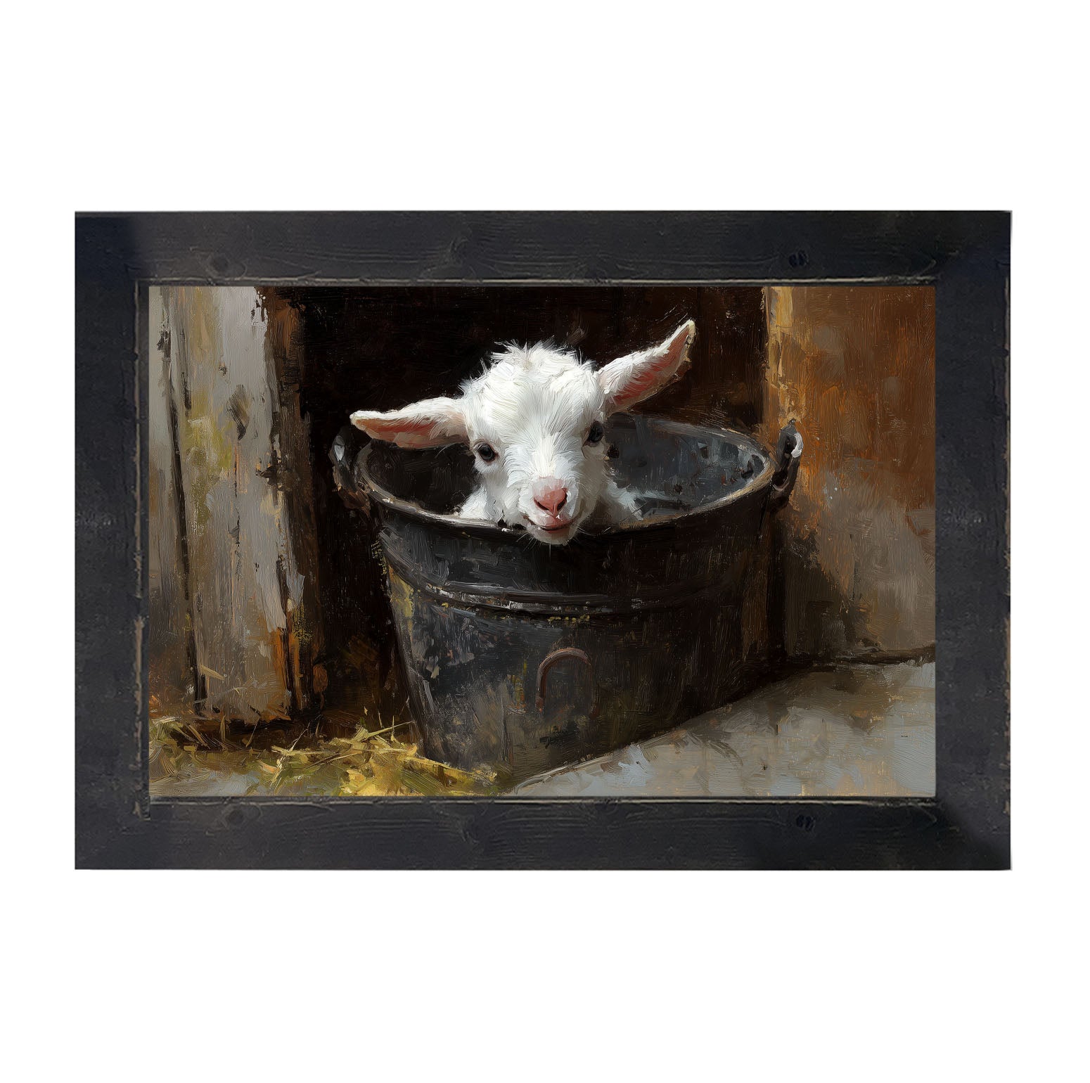 Metal Bucket with Happy Lamb - Framed Art