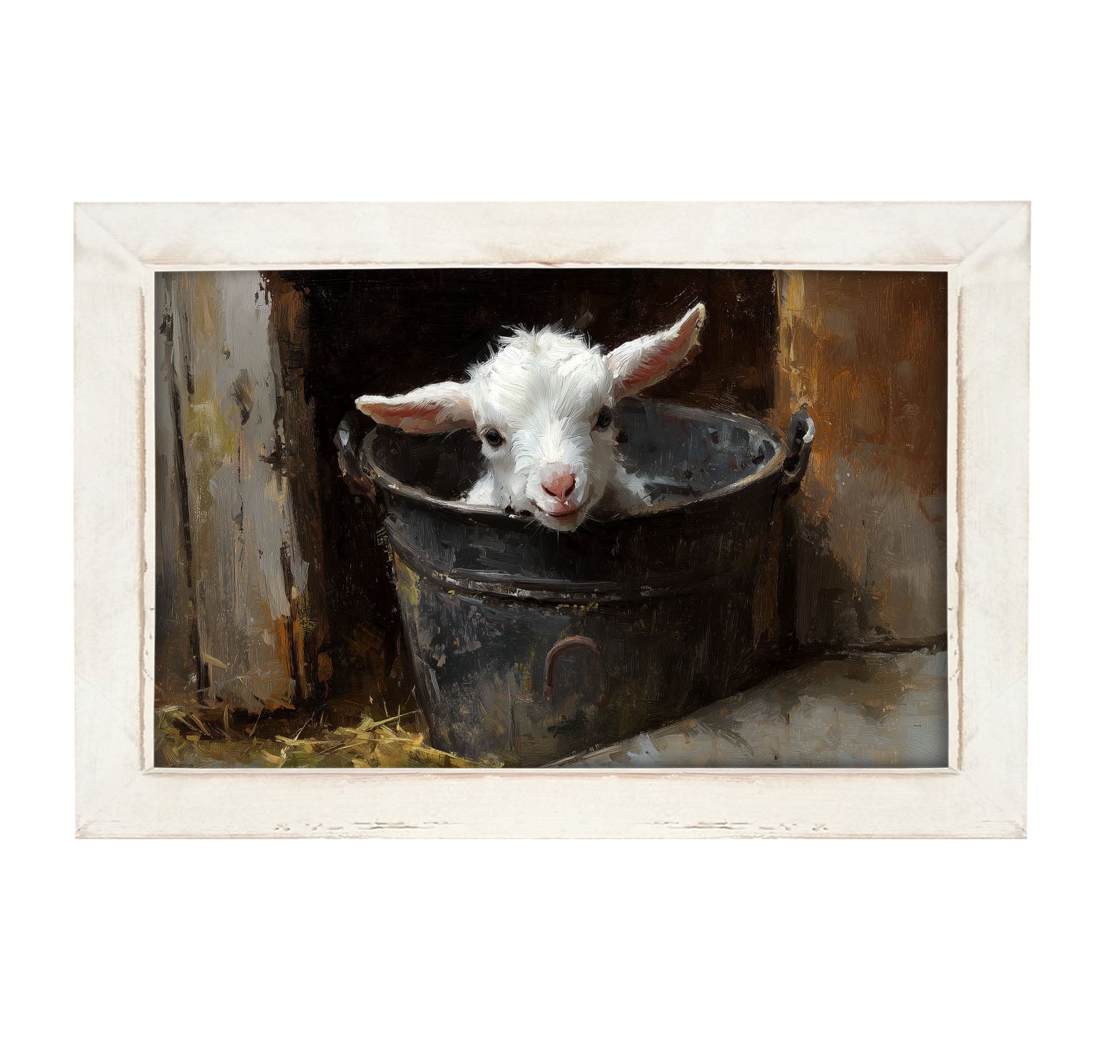 Metal Bucket with Happy Lamb - Framed Art
