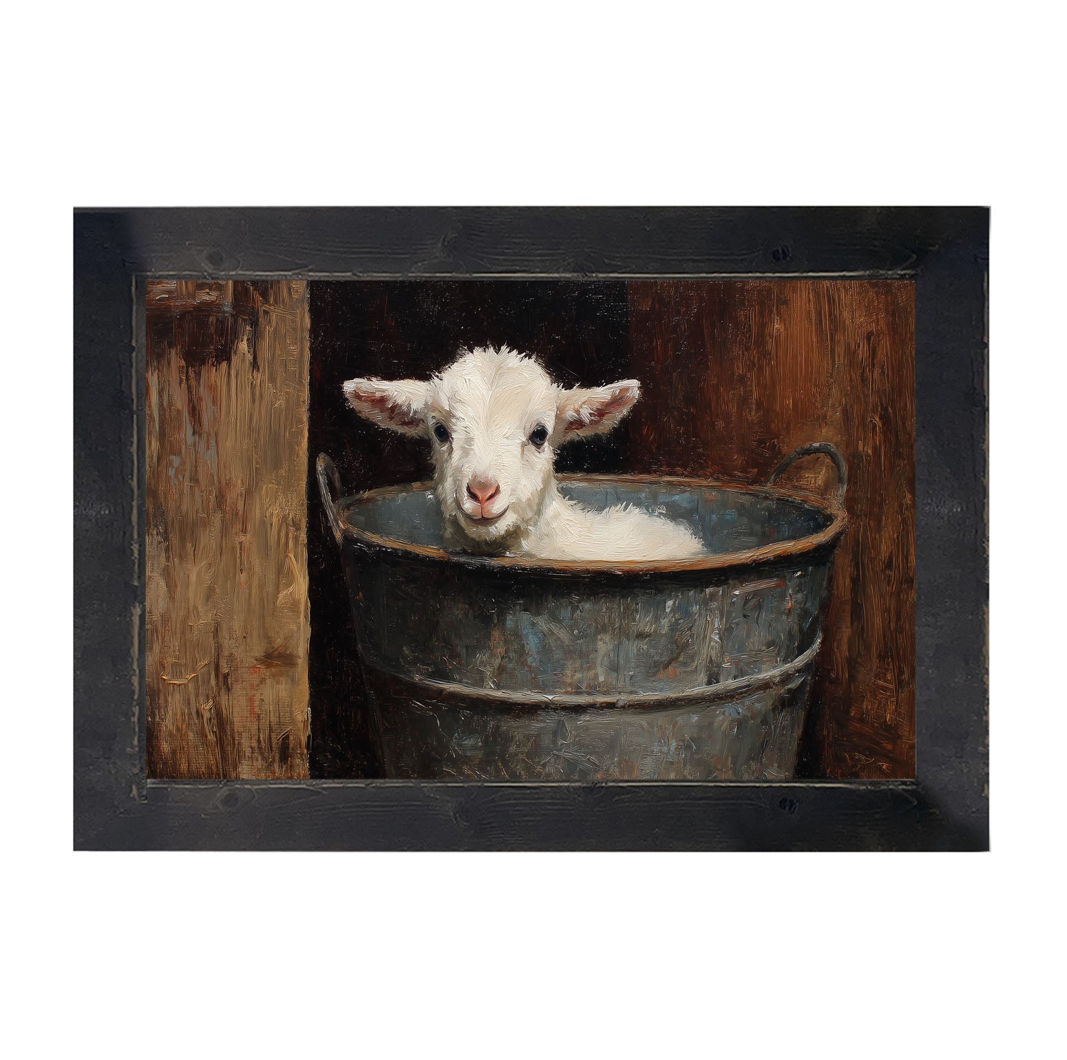 Metal Bucket with Resting Lamb - Framed Art