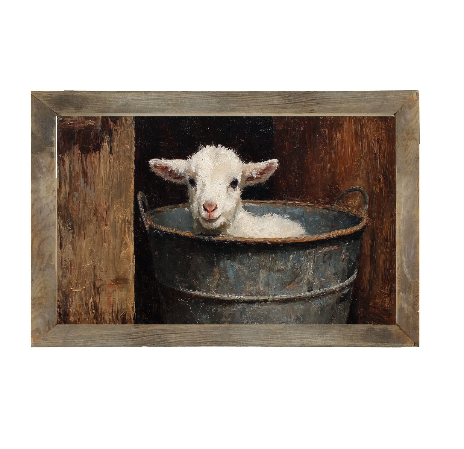 Metal Bucket with Resting Lamb - Framed Art