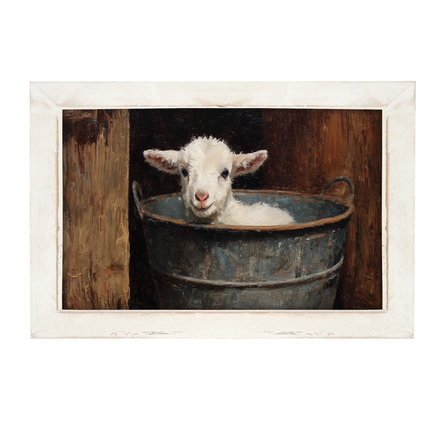 Metal Bucket with Resting Lamb - Framed Art