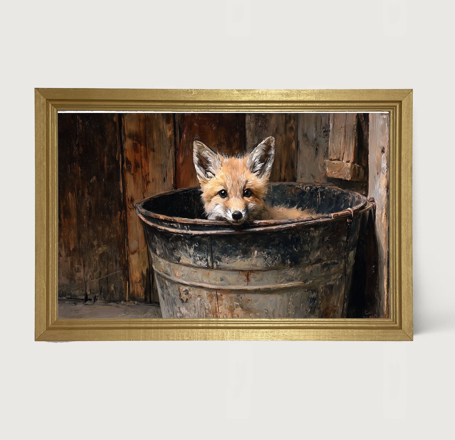 Metal Bucket with Baby Fox - Framed Art