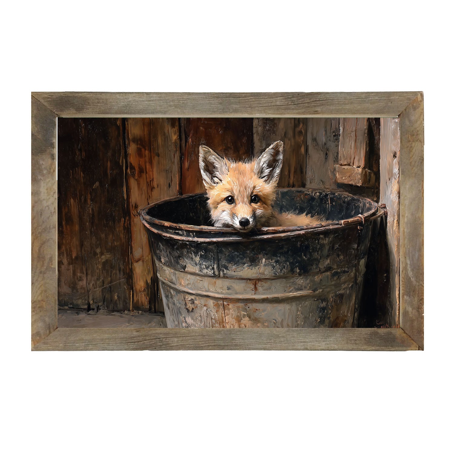 Metal Bucket with Baby Fox - Framed Art