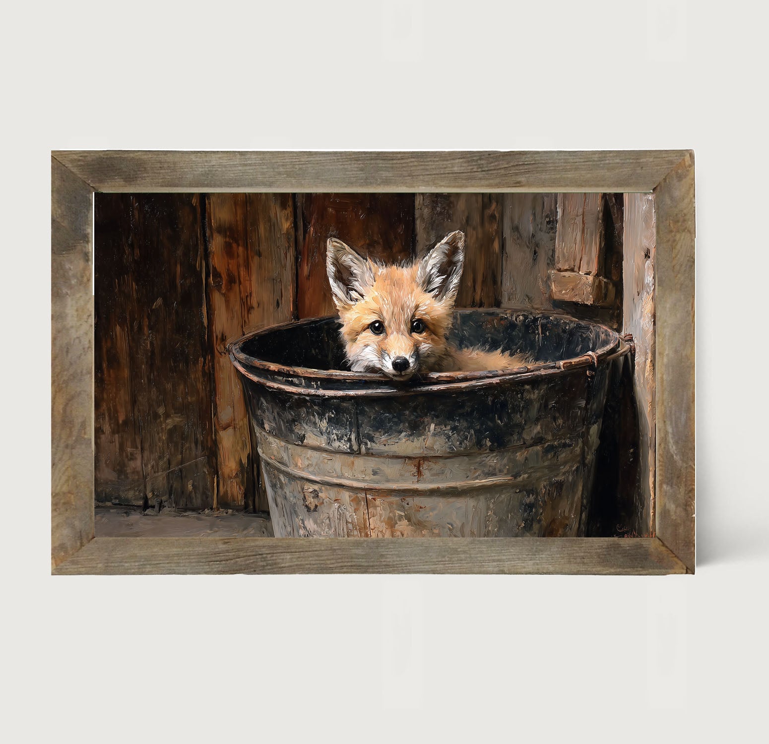 Metal Bucket with Baby Fox - Framed Art