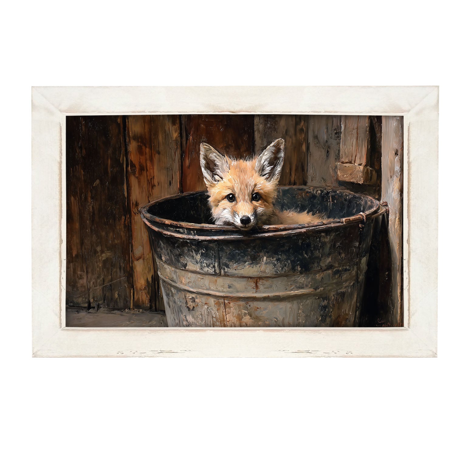 Metal Bucket with Baby Fox - Framed Art