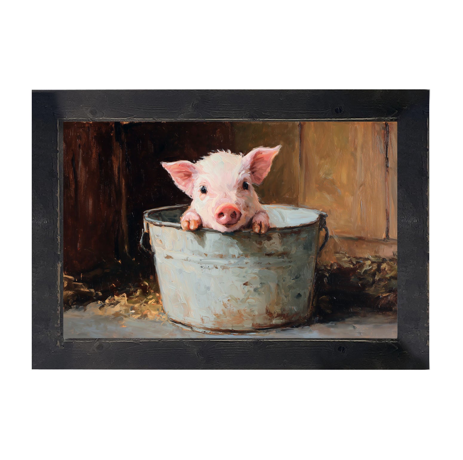 Metal Bucket with Baby Pig - Framed Art