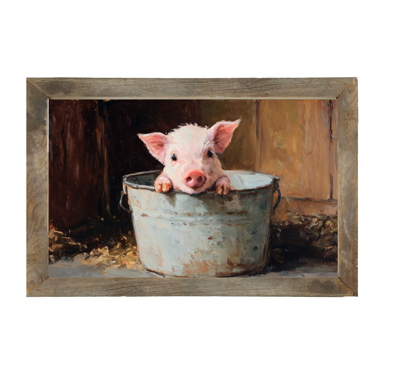 Metal Bucket with Baby Pig - Framed Art