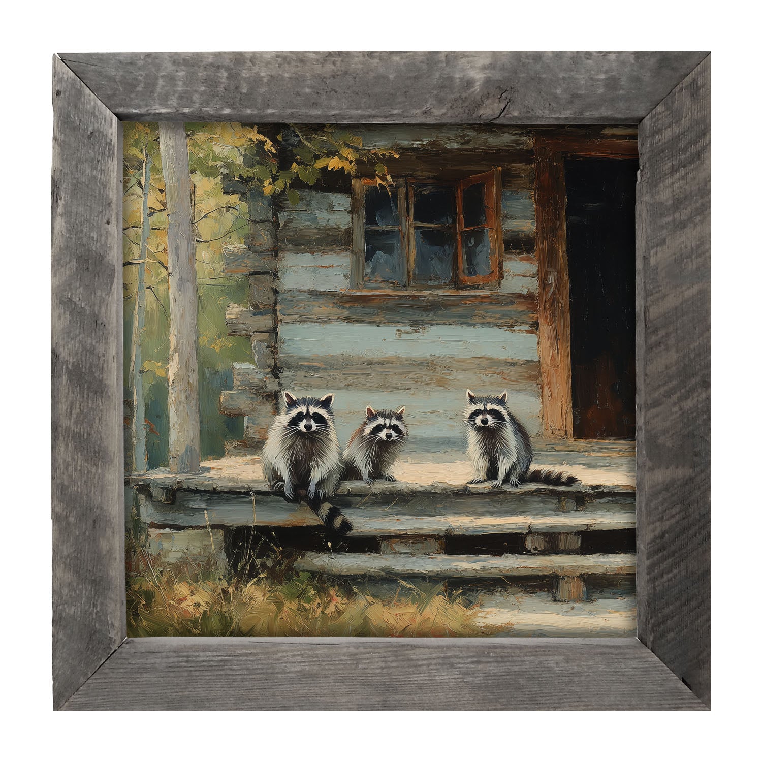 Raccoons on Cabin Porch - Framed Art