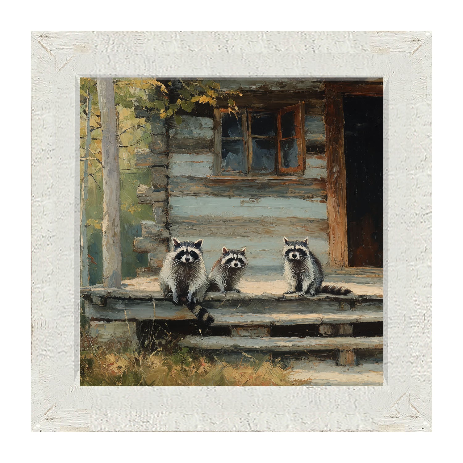 Raccoons on Cabin Porch - Framed Art