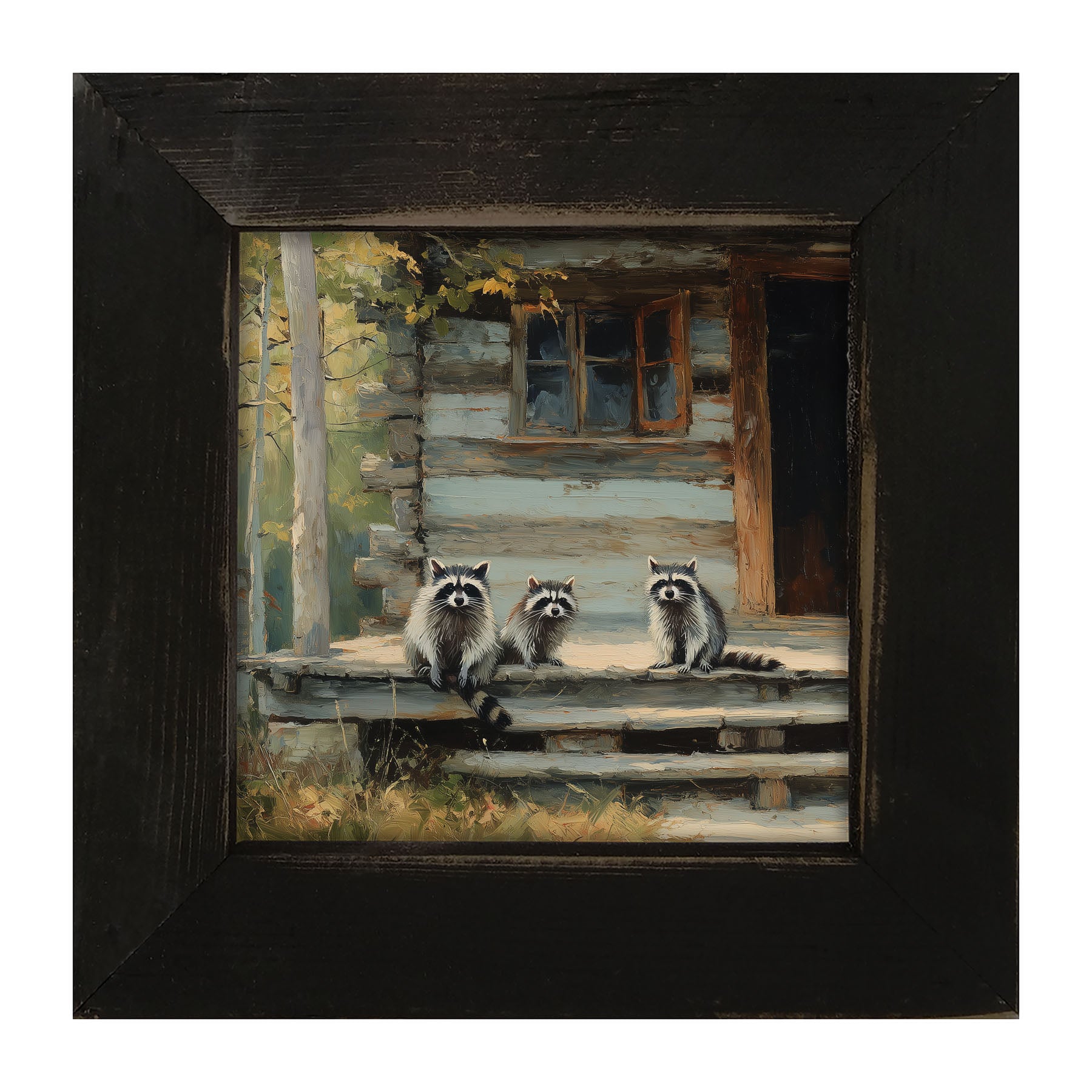 Raccoons on Cabin Porch - Framed Art
