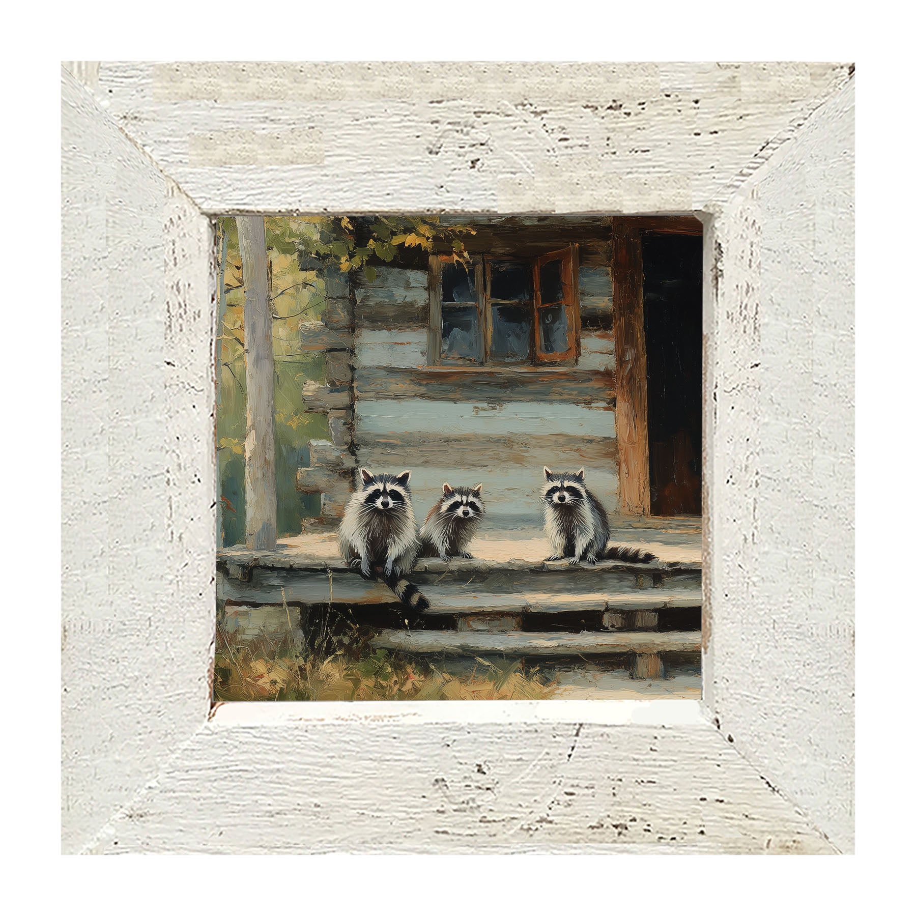 Raccoons on Cabin Porch - Framed Art