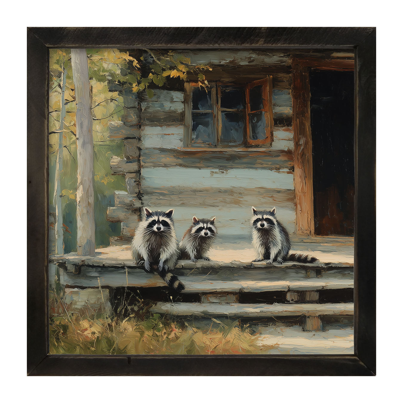 Raccoons on Cabin Porch - Framed Art