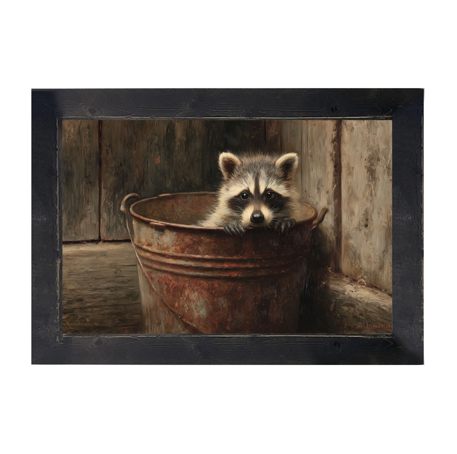 Metal Bucket with Baby Raccoon - Framed Art