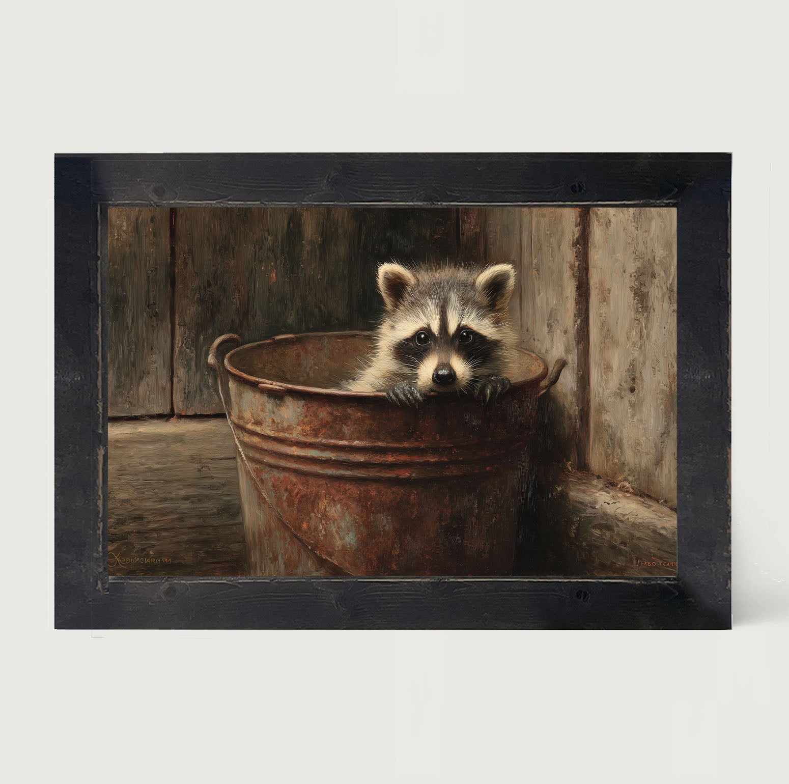 Metal Bucket with Baby Raccoon