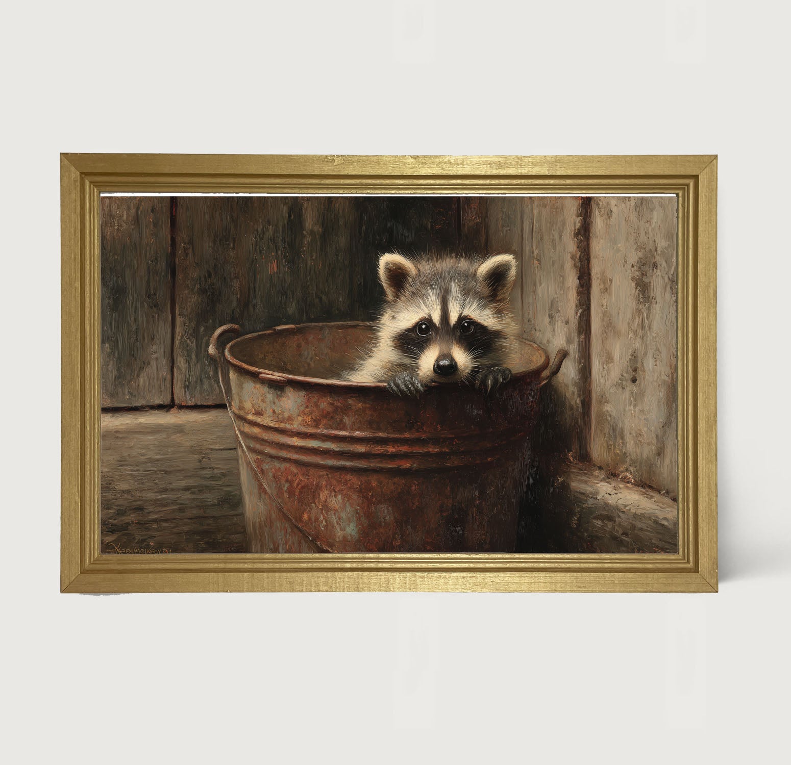 Metal Bucket with Baby Raccoon