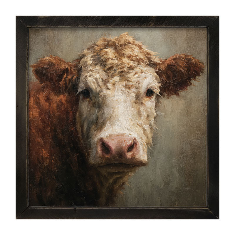 Farm Life Portrait - Brown and White Cow Close-up - Framed Art