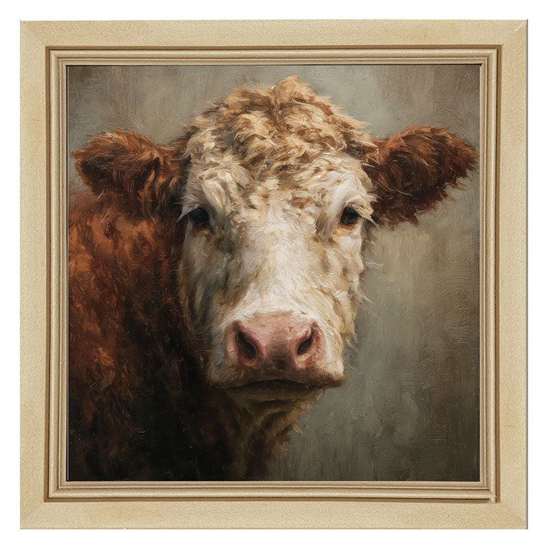 Farm Life Portrait - Brown and White Cow Close-up - Framed Art