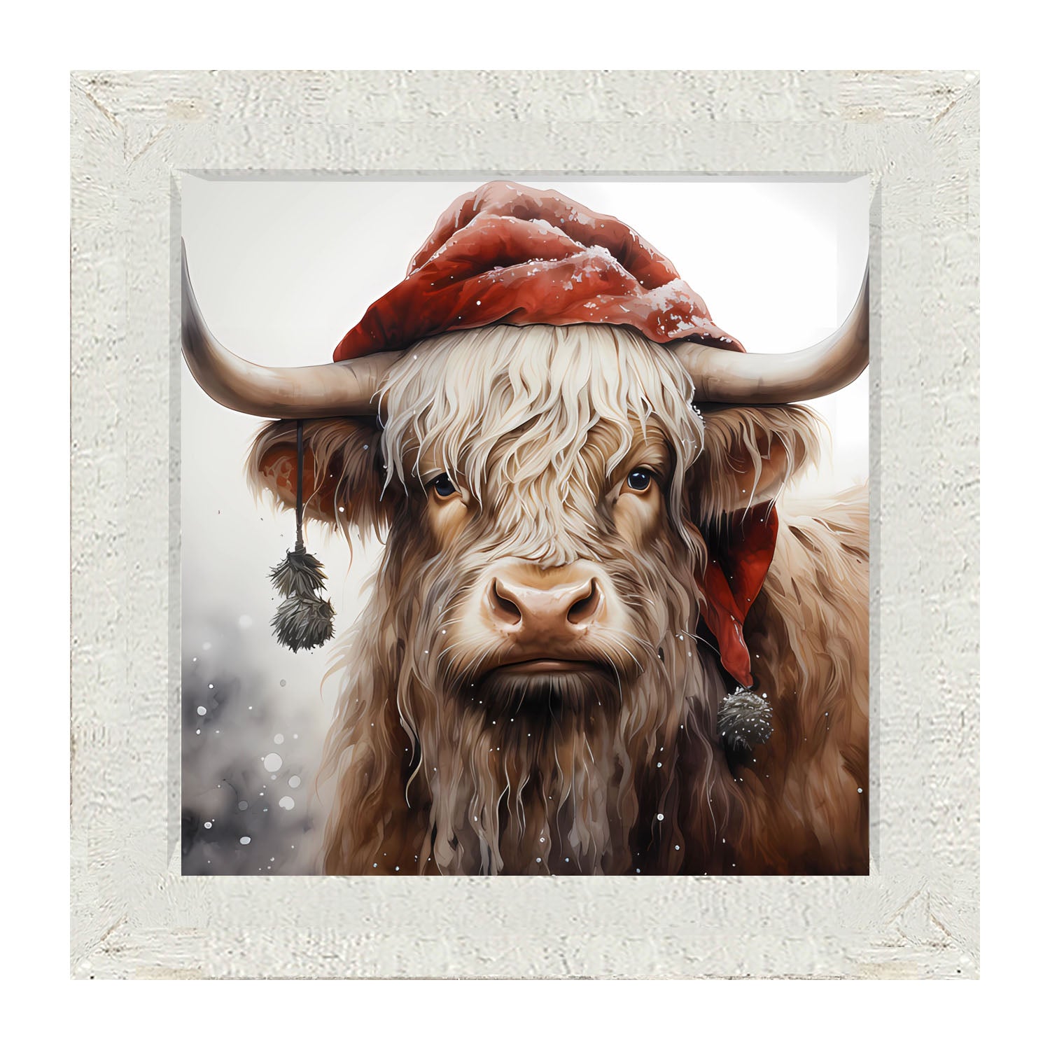 Highland cow with Santa hat