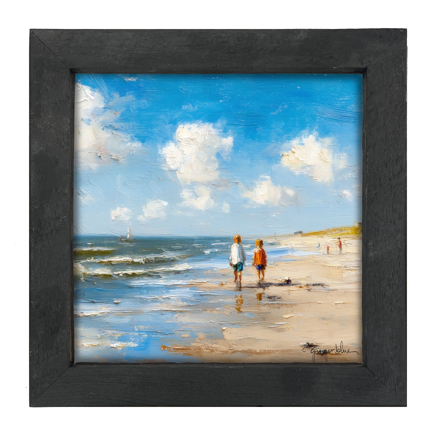 Children walking along the shore - Framed Art
