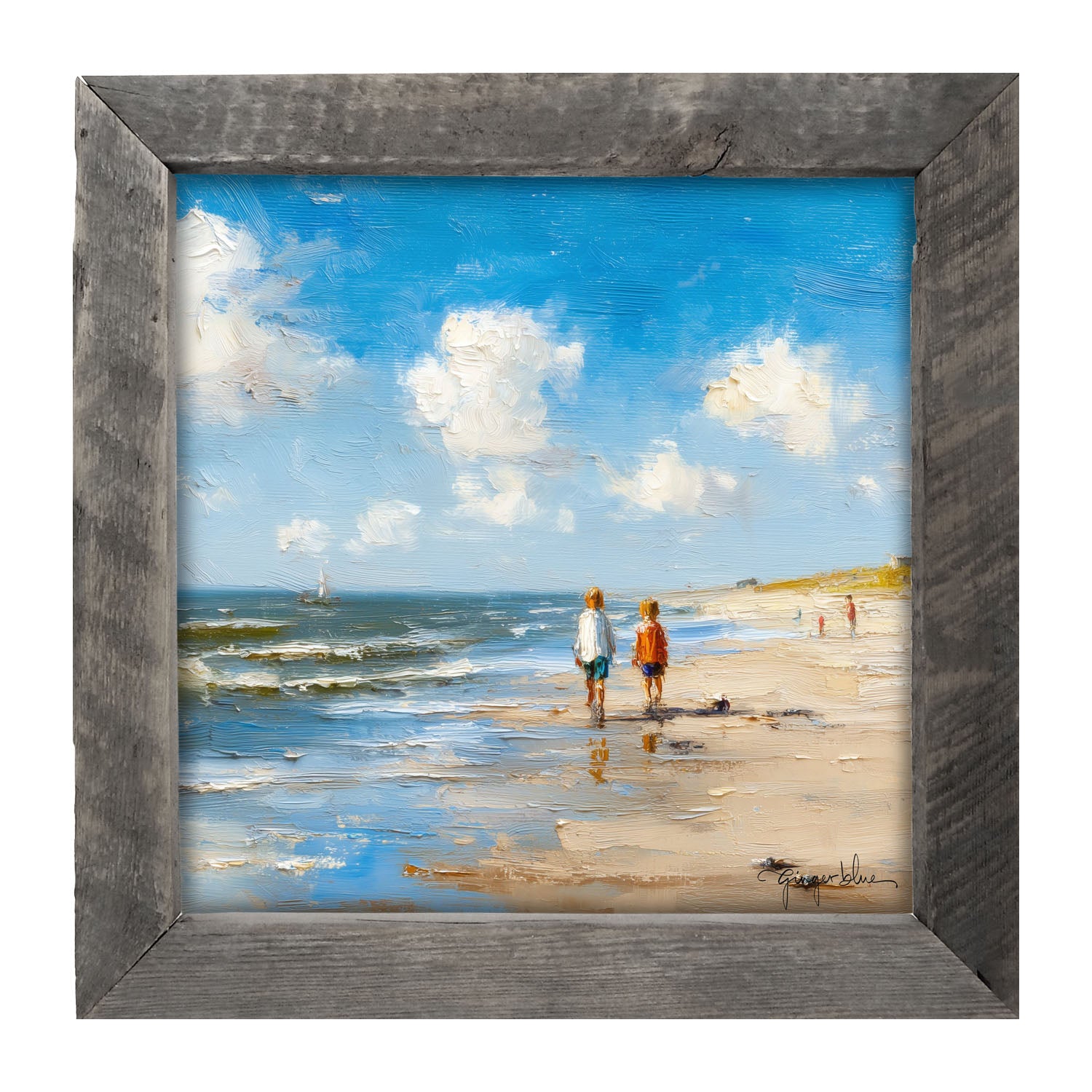 Children walking along the shore - Framed Art