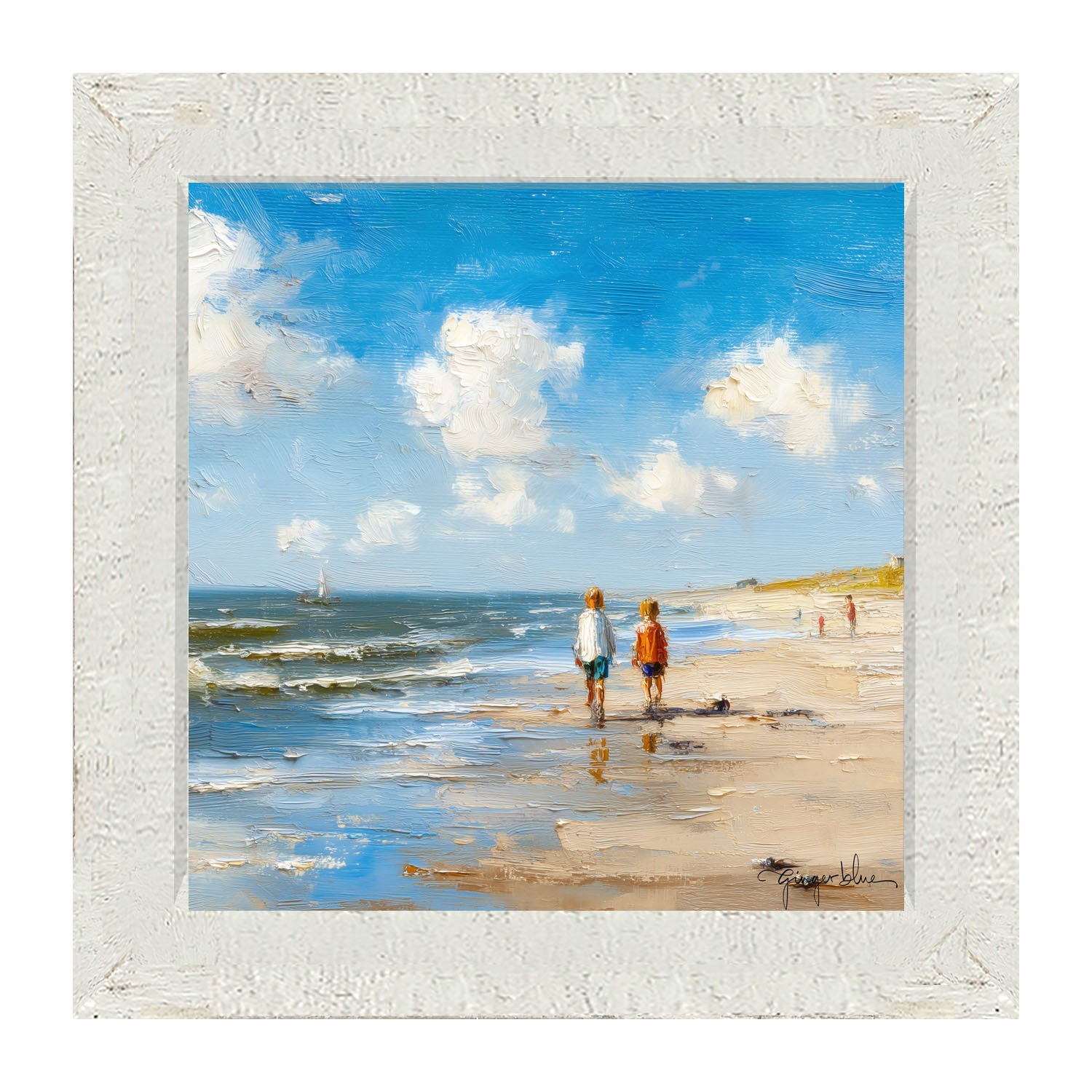 Children walking along the shore - Framed Art