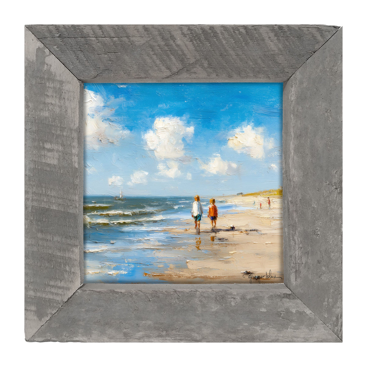 Children walking along the shore - Framed Art