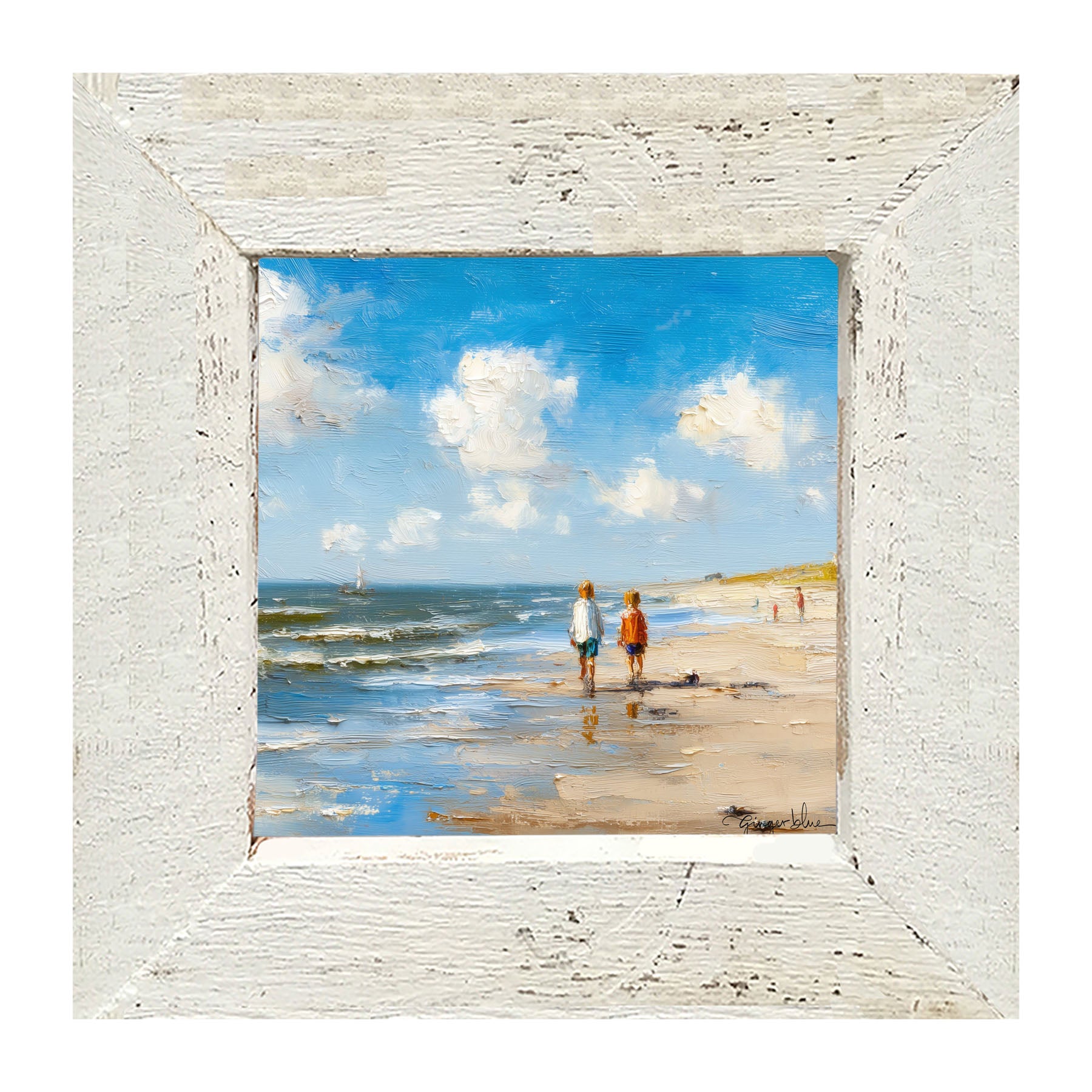 Children walking along the shore - Framed Art