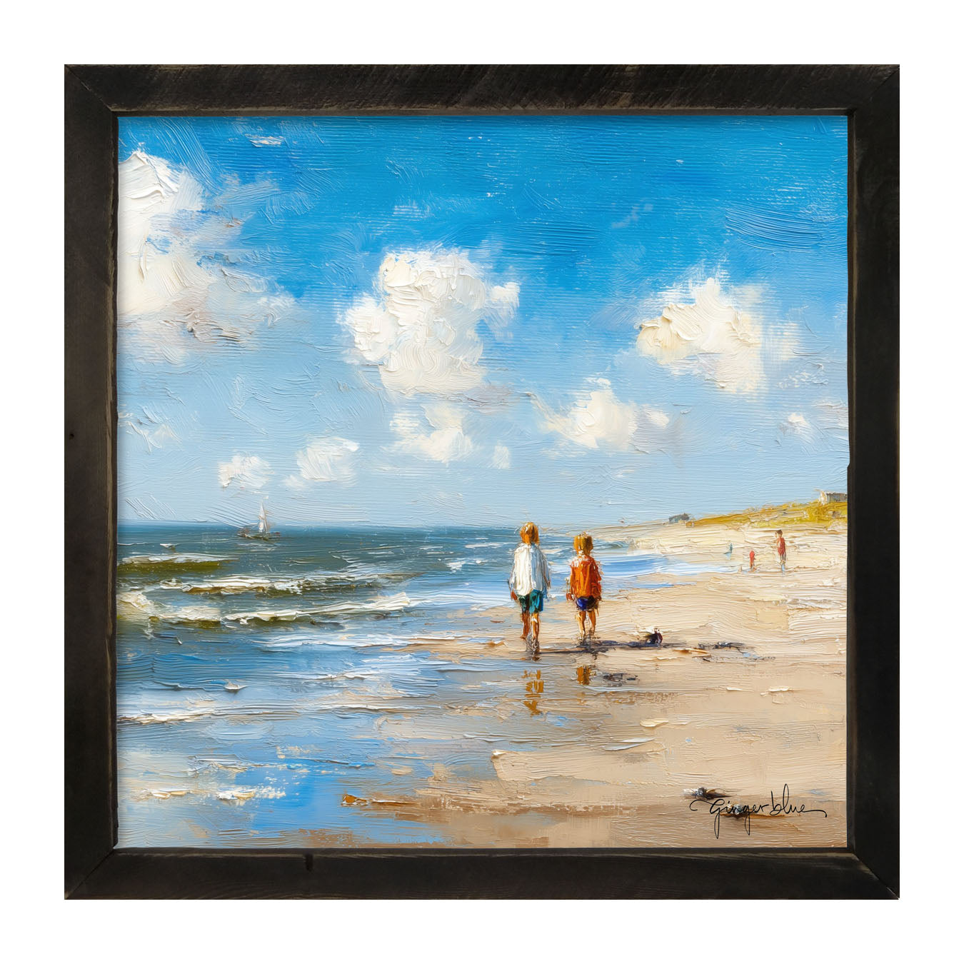 Children walking along the shore - Framed Art