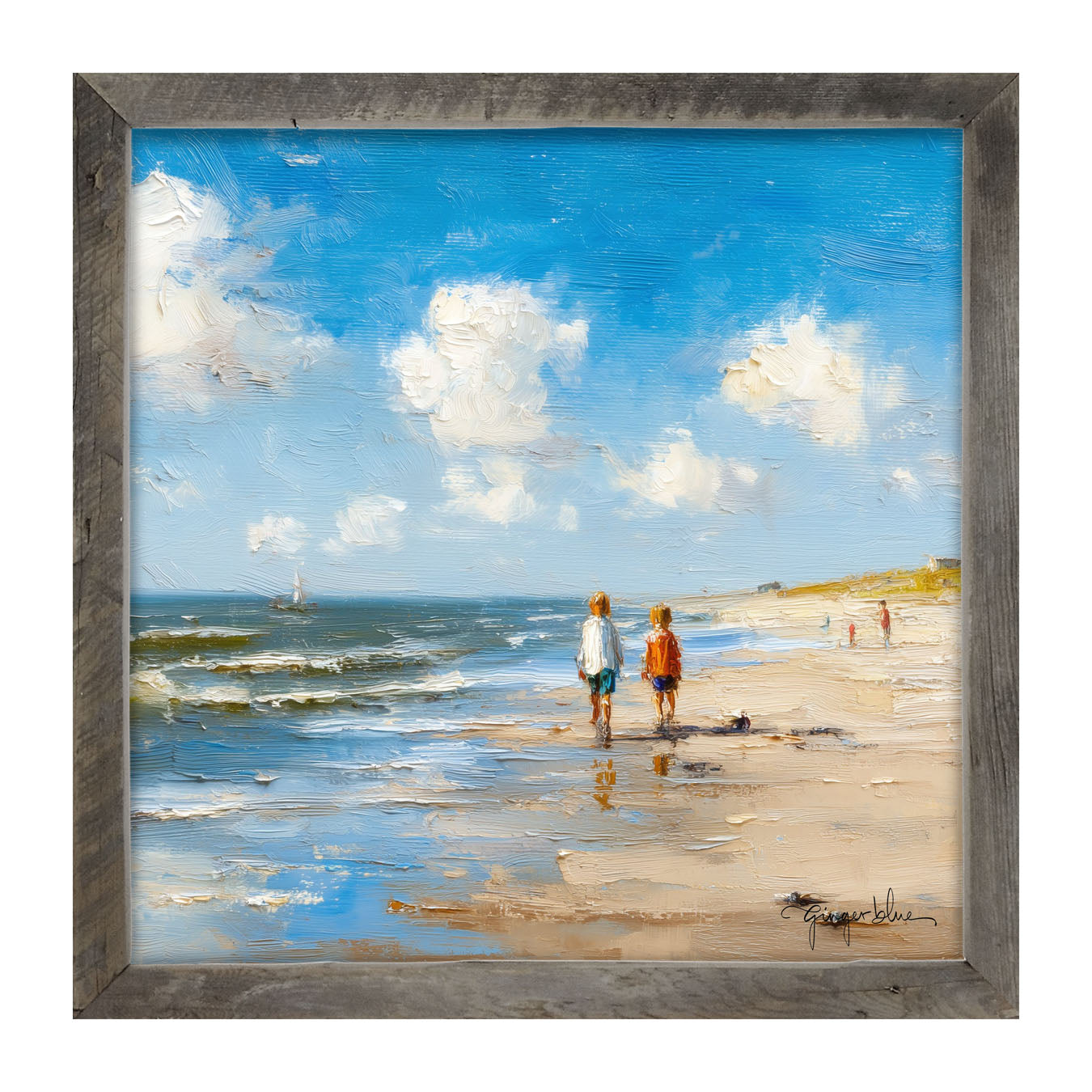 Children walking along the shore - Framed Art