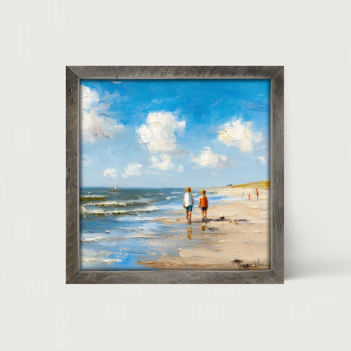 Children walking along the shore - Framed Art