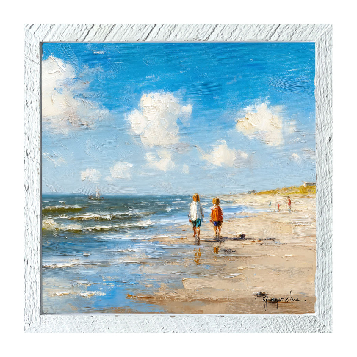 Children walking along the shore - Framed Art