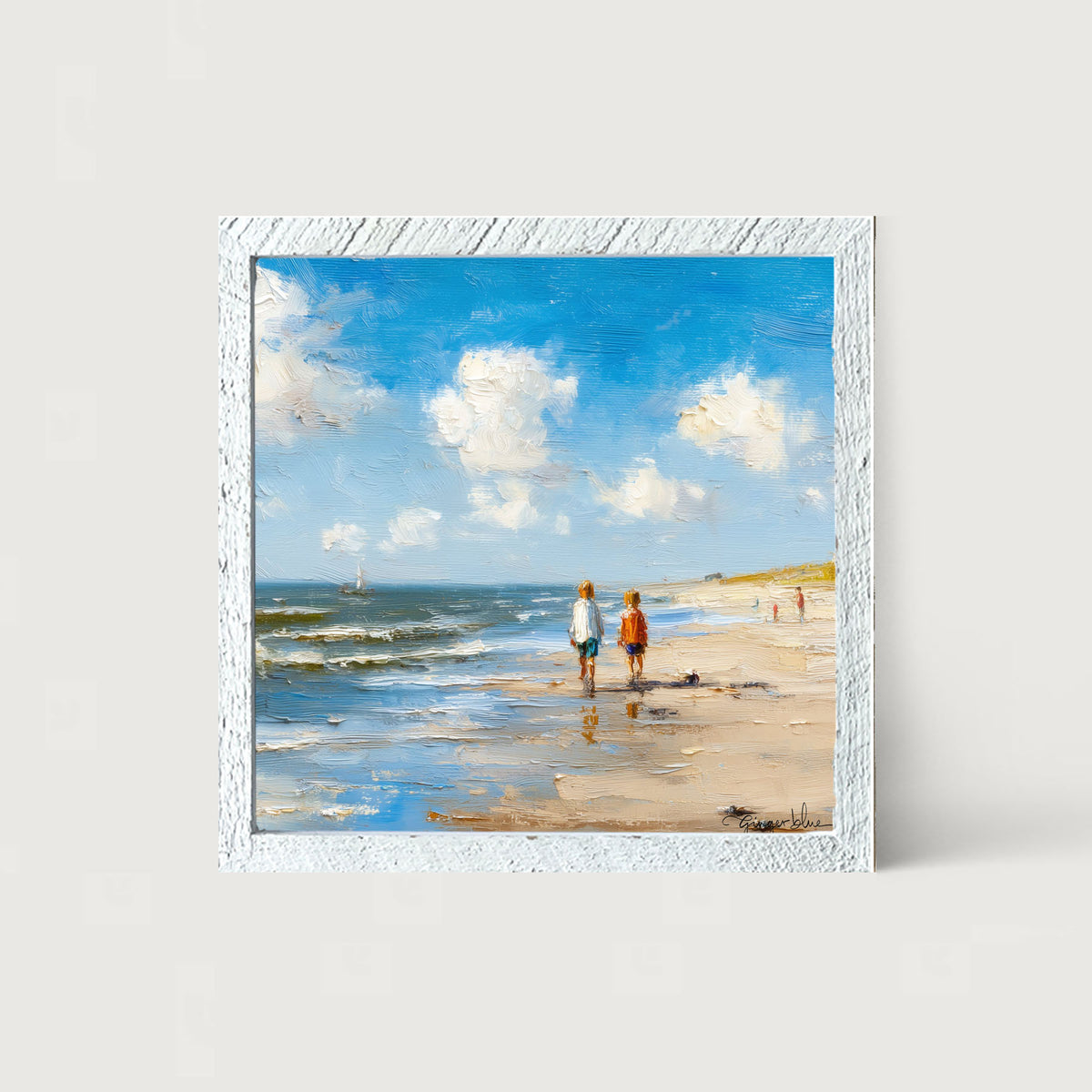 Children walking along the shore - Framed Art