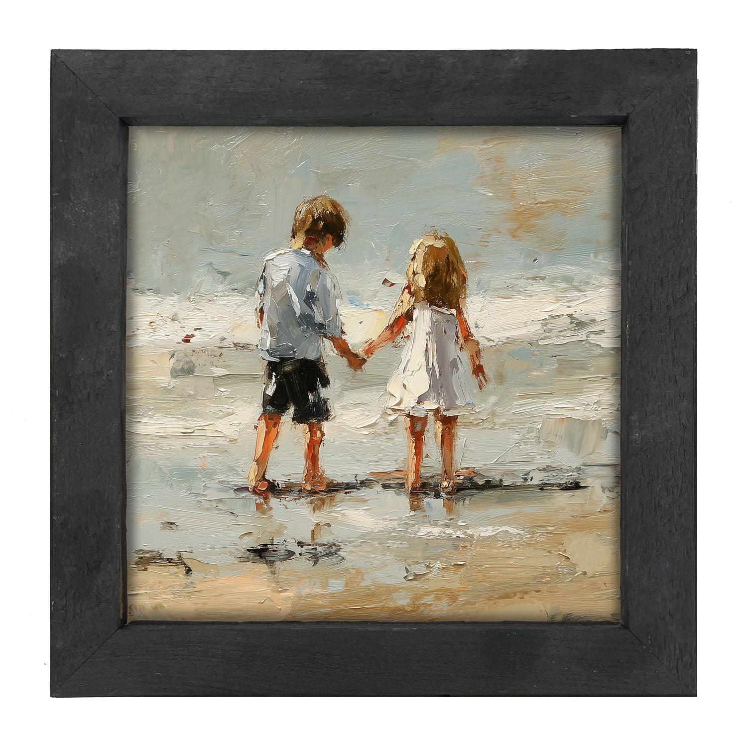 Children walking along Beach - Framed Art