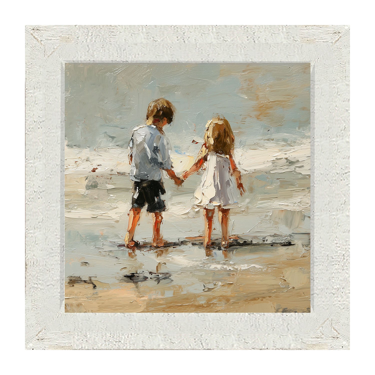 Children walking along Beach - Framed Art