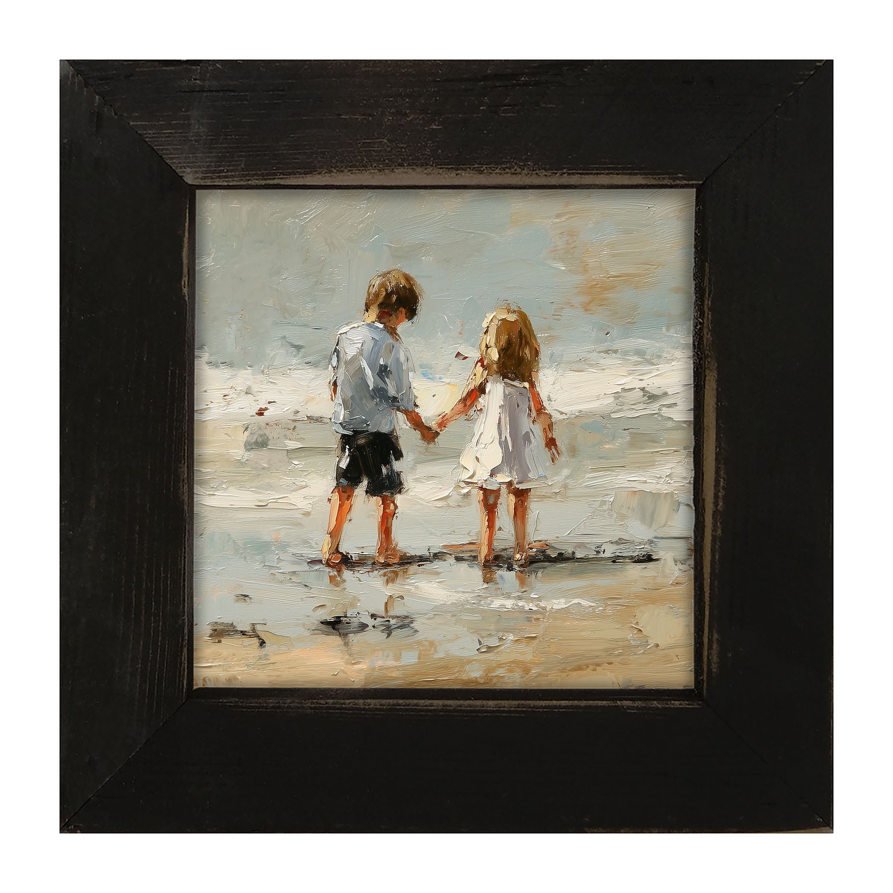 Children walking along Beach - Framed Art