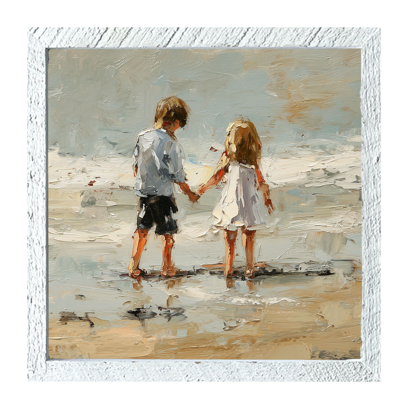 Children walking along Beach - Framed Art