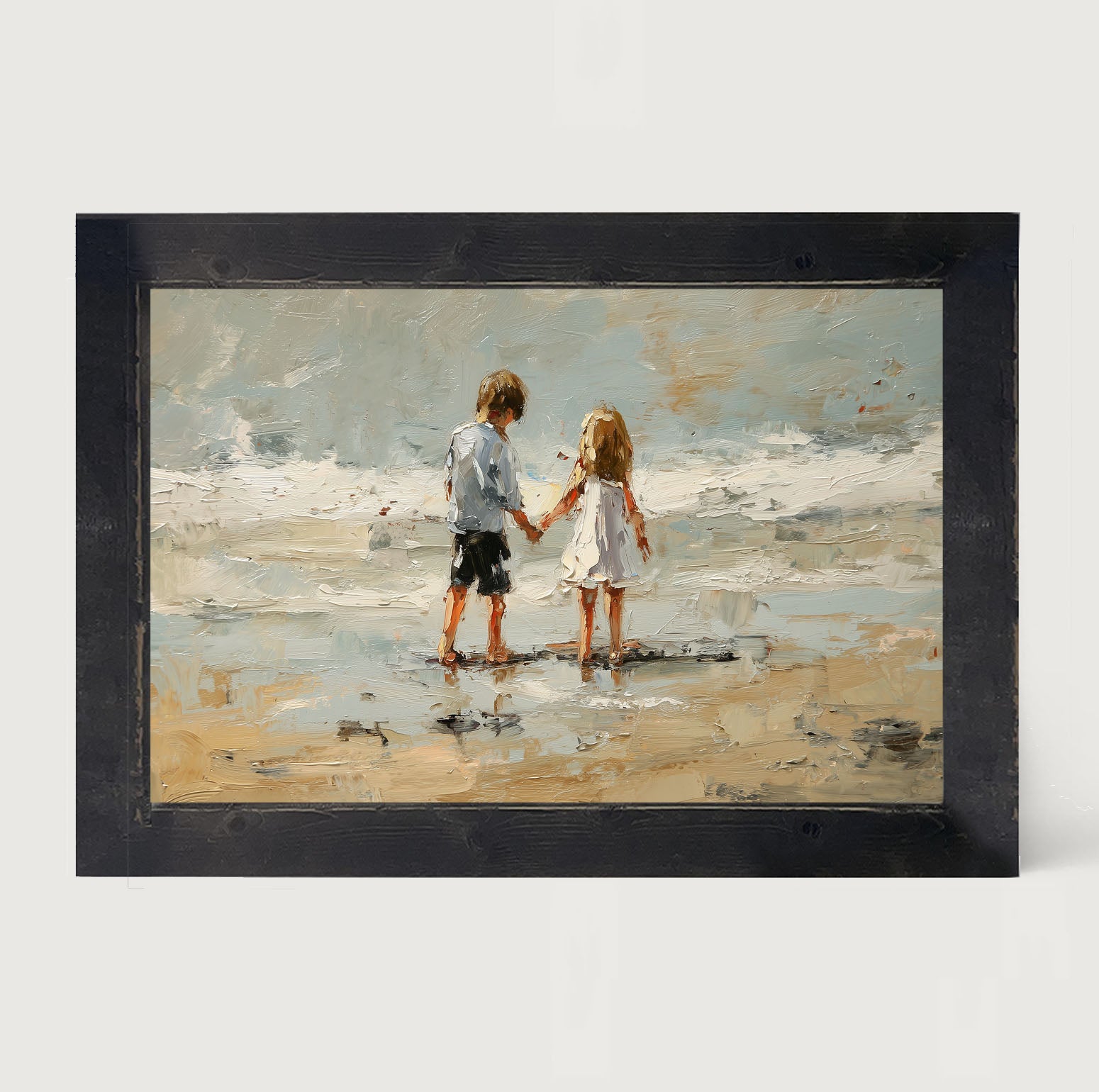 Children walking along Beach - Framed Art