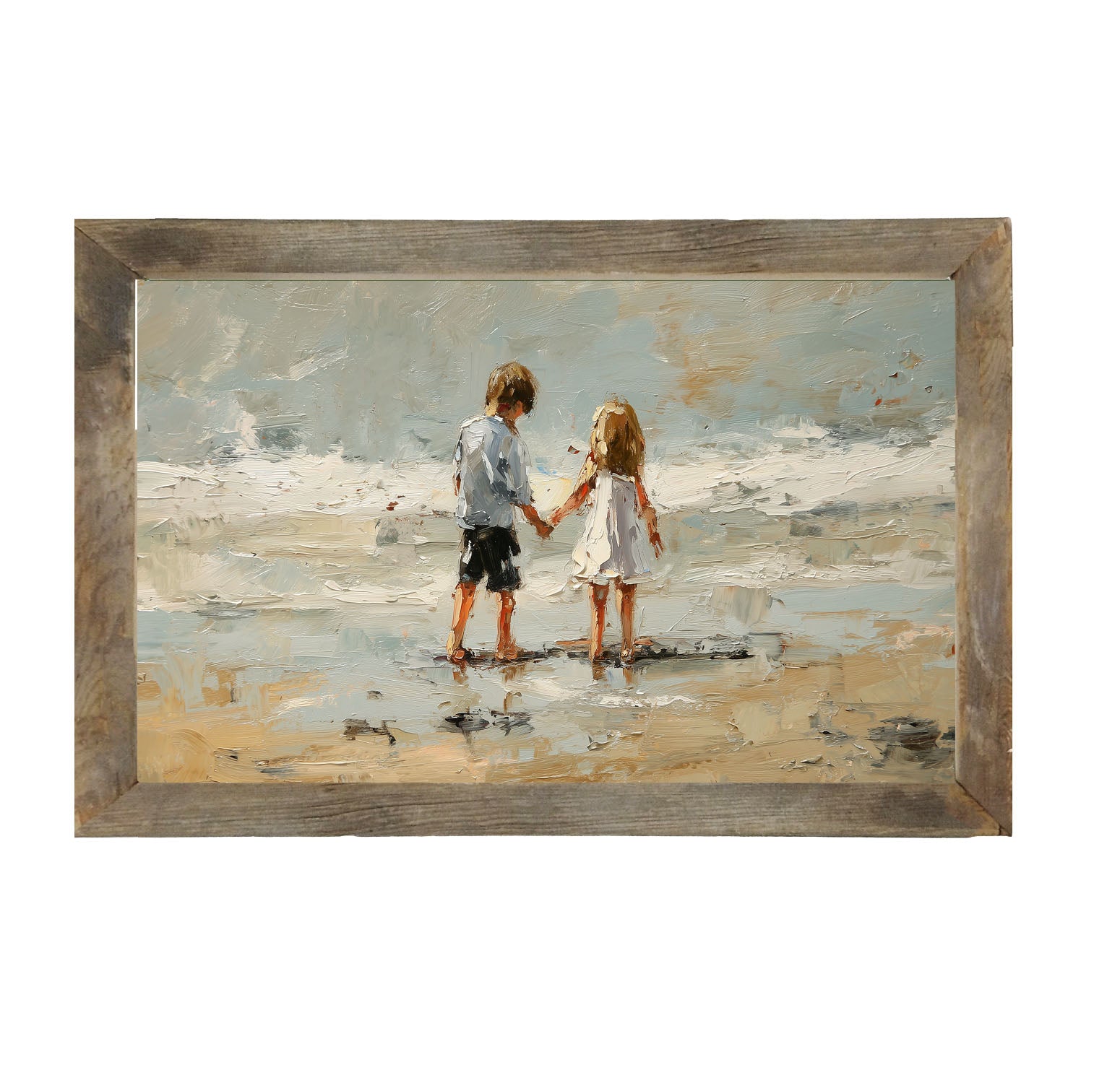 Children walking along Beach - Framed Art
