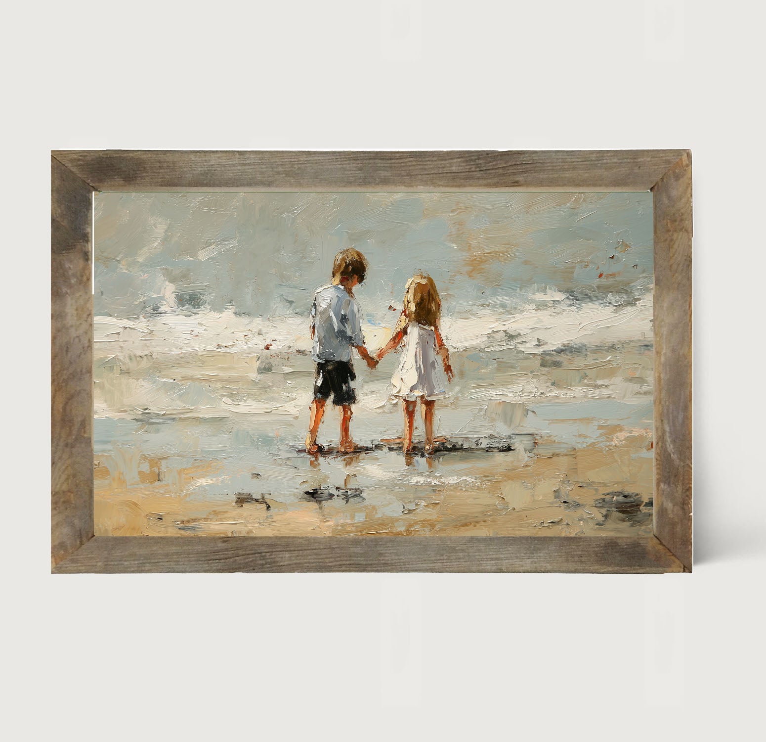 Children walking along Beach - Framed Art